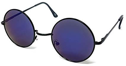 WS UK Round Lens Sunglasses [Black Frame, Blue Mirrored Lens]
