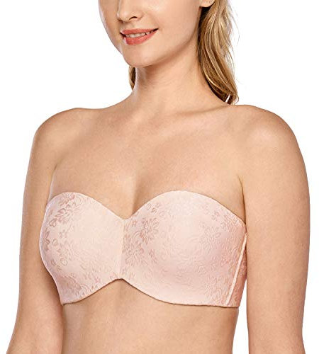 DELIMIRA Soutien Gorge sans Bretelles Grande Taille avec Armature Invisible Minimiseur Bandeau Non Rembourré Rose Abricot 90B