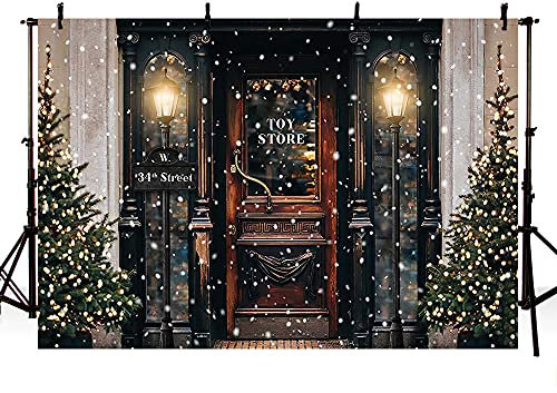 MEHOFOND 2,1 x 1,5 m Retro Weihnachts Spielzeug Geschichte Straßen Fotografie Hintergrund Winter Schneeflocke Xmas Baum Kind Porträt Kulissen Vintage Lampe Weihnachts Feier Foto Banner Requisiten