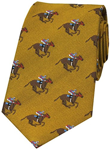 Soprano Goldfarbene Krawatte aus gewebter Seide und Mikrofaser mit Rennpferd- und Jockeys-Design