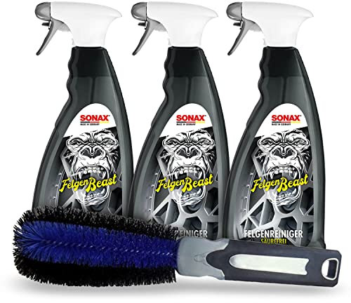 Shiny Freaks Felgenreinigungs Set: Sonax FelgenBeast Felgenreiniger säurefrei (3x1L) Felgen Reiniger für alle Stahl & Alufelgen + K2 Felgenbürste | 4-teiliges Autopflege Sparset
