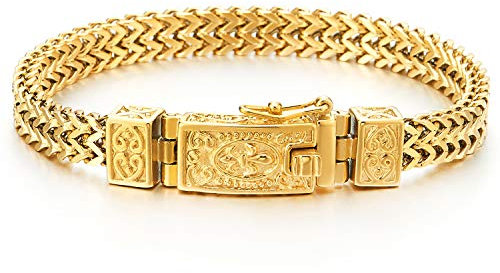 Biker Acier Couleur Or Bracelet Homme Lien Franco Chaîne Gourmette - avec Vintage Fleur de Lis Fermoir à Ressort