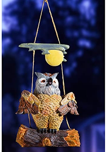 Eule im Mondschein auf Schaukel 20cm Uhu Gartenfigur Deko Garten Terrasse Figur Tier Dekofigur Greifvogel