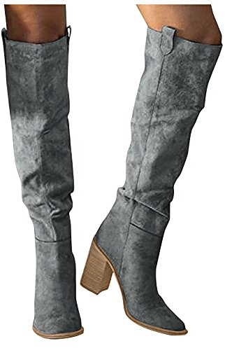 LLDG Damen Overknee Stiefel aus Veloursleder - Langschaft Cowboy Boots mit Rundem Kopf, Stretch Pumps, Modische Halblange Biker Boots, Sexy Mode-Schlupfstiefel, Westernstiefel
