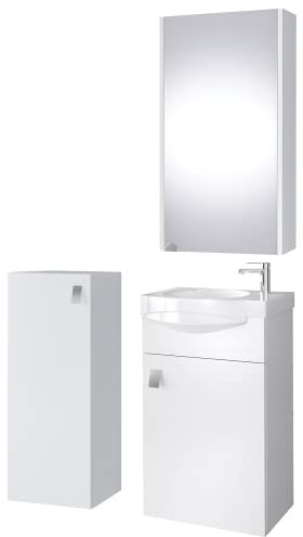 Planetmöbel Badmöbel Set Waschtisch mit Unterschrank 40 x 60 x 29 cm mit Spiegelschrank 40 cm & Midischrank für Badezimmer, Gäste WC & Bad, Weiß