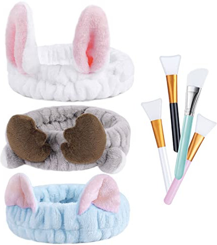 URAQT Makeup Haarband, 3 Stücke Damen Kosmetik Stirnband mit 4 Stücke Silikonpinsel, SPA Haarreif für Gesichtsreinigung Schönheit Yoga