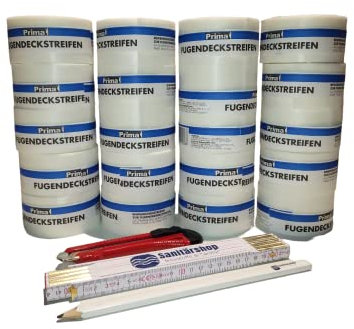 Sanitärshop Baustoffe & Sanitär 20 Rollen Prima Fugendeckstreifen aus Glasfaser Breite: 50mm Rolle: 25m Bewehrungsstreifen für Rigips Fugenverspachtelung inkl. Cuttermesser Zollstock Bleistift