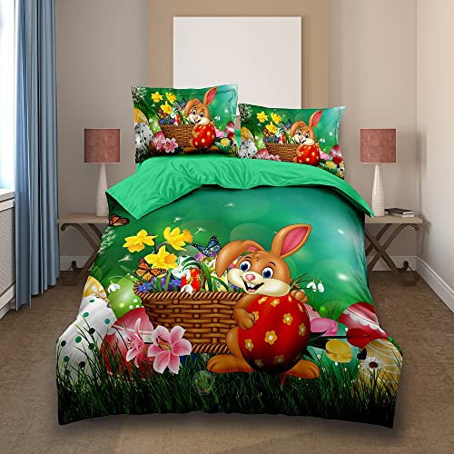 ZZXHG Bettwäsche 135x200 Mikrofaser 3teilig GrüNer Osterhase, Wendemotiv Bettbezug 135 x 200 mit Reißverschluss, Bettwäsche-Sets Kinder Einzelbett, 1 Bettbezüge + 2 Kissenbezug 80x80 cm