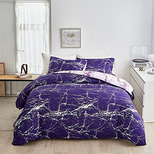 ARYURBU Marmoriert Bettwäsche 200x220 cm Set 3teilig Lila Marmor 1x Bettbezug 200x220cm und 2X Kissenbezüge 80x80cm Mikrofaser Weiß Blitzmuster für Damen Herren mit Reißverschluss Bügelfrei Violett
