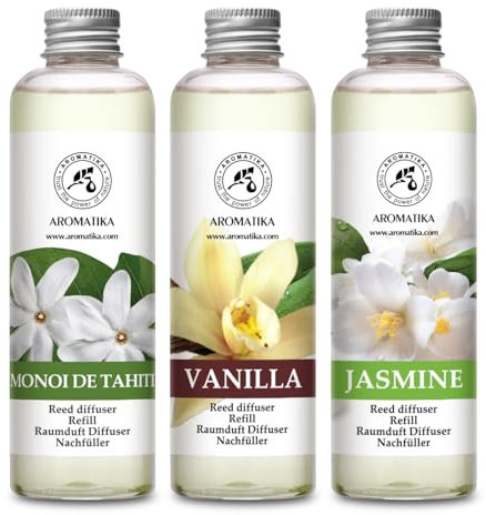 Raumduft Diffuser Nachfüller Monoi de Tahiti & Vanille & Jasmin 600ml - 3x200ml - Nachfüller Set für Duftdiffusor - Reed Diffuser Refill - Raumbeduftung - Zimmerduft - Diffuser Nachfüllen - Raumluft