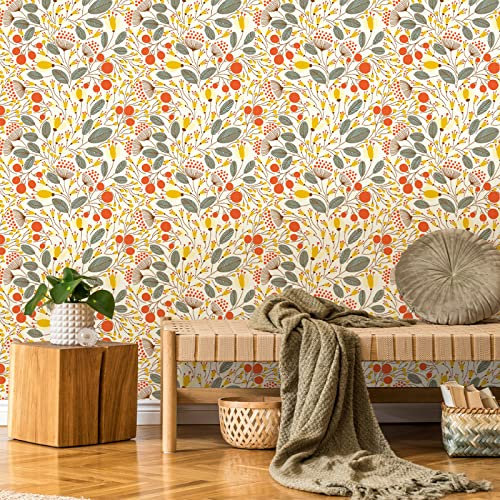 Tapete Gelbe Rote Blume Vliestapete Klebefolie Möbel Leicht Abzuziehen Selbstklebende Tapete Schlafzimmer Küchenrückwand Tapete Selbstklebend for Living Room 45x300cm/1 Pcs