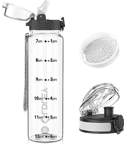 OLDLEY 1L/32oz Sports Water Bottle with 2 Different Lids, 1000ml Motivational Drinks Bottle with Time Markings Leak Proof Drink & Lock Cover, BPA Free for Gym School Cycling Running Hiking