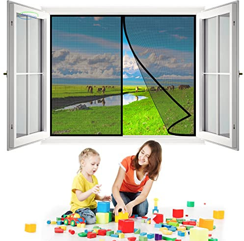Magnet Fliegengitter Fenster Insektenschutz, 105x80 cm Feines undurchdringliches Gitter, vollmagnetisch, schließt automatisch ohne Insekten durchzulassen- Schwarz H