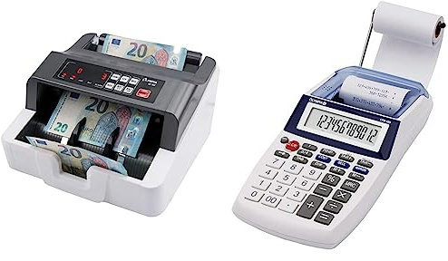Olympia NC 452 Akku Geldzählmaschine & Geldscheinprüfer & Tischrechner mit Papierrolle mit 12-stelliger LCD-Anzeige I Handliche Rechenmaschine mit Papierrolle in 57mm Breite & Blauer IR 40 Tintenrolle