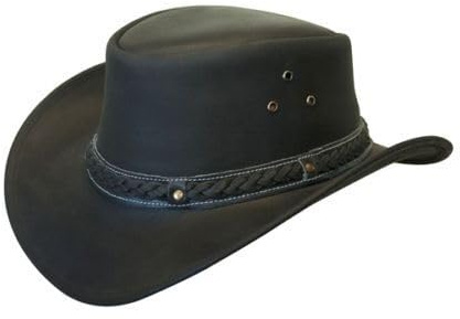 Infinity Leather Cappello Nero Australiano da Cowboy Stile Western Outback in Vera Pelle Aussie Bush