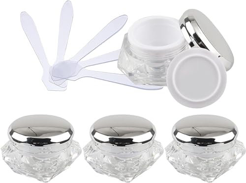 pots de voyage pour crème, petits pots avec couver Lot de 4 pots vides en acrylique transparent en forme de diamant de 10 ml for cosmétiques, crème for le visage, lotion, pots avec couvercles roses +