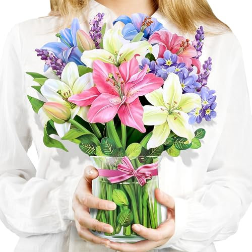 Airpark pop up-bukettkort, liljor och lupiner, 30 cm pappersblommor bukett 3D popup-kort med anteckningskort och kuvert för födelsedagskort och gåvor, få bra kortgåvor för kvinnor, barn, semester
