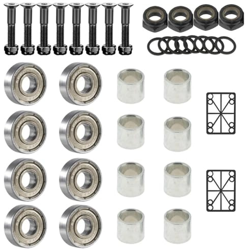 SquEqu 38 Pack Skateboard Bearings 608zz Skateboard Hardware Kit Skateboard Deck Mounting Screws Nuts Bolts Spacers Speed Rings Set Skateboard Riser Shock Pads for Longboard Cruiser Skateboards