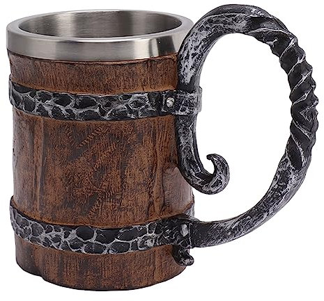 Tyenaza Chope à Bière, Chope à Bière Viking avec Poignée en Acier Inoxydable 304, Double Paroi, Imitation Bois, Chope Médiévale pour Bar, Restaurant, Décoration D'intérieur