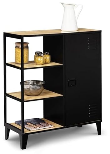 IDMarket - Buffet d'appoint 3 étagères et Placard métal Noir et Plateau Bois 70 cm Ester Design Industriel