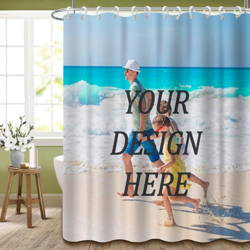 Kufutee Personalisierter Duschvorhang für Badezimmer mit 12 Haken, wasserdichte Duschvorhänge mit Foto/Logo/Text, 182,9 cm B x 182,9 cm L