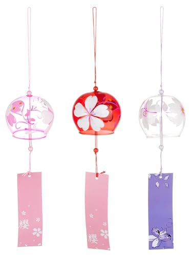 BENECREAT 3 PZ Campanelli Eolici In Vetro con Fiori di Ciliegio Giapponesi In 3 colori, Rosso Scuro, Perla Rosa, Campanelli Eolici Viola Medi con Pendente di Benedizione In Carta