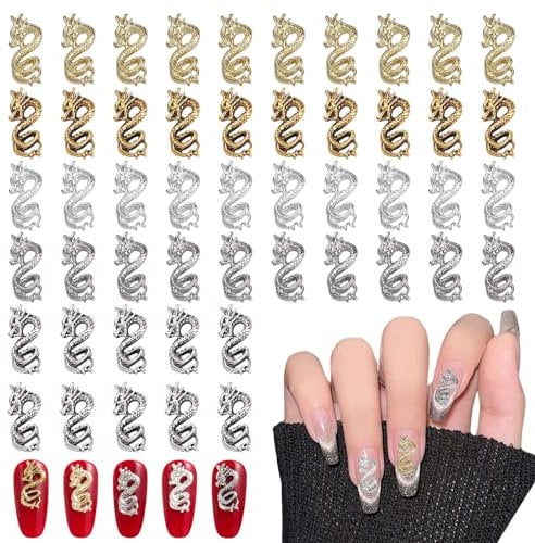 Dragon Nail Charms, 50 Pcs Metal Chinese Dragon Nail Charms for Long Nails, Gold Sliver Zodiac Dragon Nail Jewellry 3D Nail Art Decorations for Nail Art Design DIY Crafts (C Gold+Sliver)