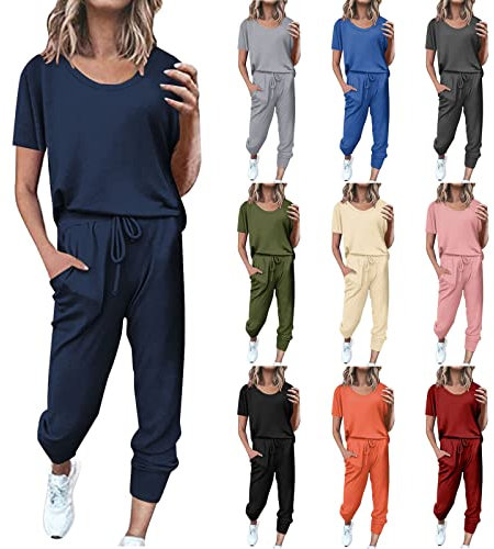 EMATOP Sportanzug Damen Sommer Kurzarm Tracksuit Casual Baumwolle Trainingsanzug 2 Teilig Einfarbig Jogginganzug Lose T-Shirt Top und Hose Freizeitanzug mit Taschen Sportswear für Running Yoga