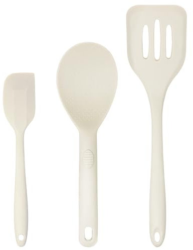 Silicone Utensils 3-Piece Set – Rubber Spatula, Slotted Turner, and Rice Paddle – Complete Heat-Resistant Set for Non-Stick Cookware – Kitchen Tools and Accessories for Cooking & Baking – Cream
