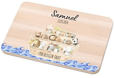 Bärenfreunde - Individuelles Holzbrett mit hochwertigem Spezial-Druck zur Taufe - Personalisiertes Frühstücksbrettchen - Niedliche Motiv-Brettchen mit Namen als Taufgeschenke (Taufe Tiere rundlich)