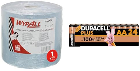 WypAll L20 Cleaning and Maintenance Jumbo Roll Wiping Paper 7300 - Paper Roll for Cleaning - 1 Blue & Duracell Plus AA Batteries (24 Pack) - Alkaline 1.5V - Up to 100% Extra Life