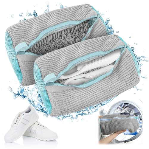 Sacchetti per lavare le scarpe in lavatrice, 2 pezzi, per lavatrice, anti-deformazione, con chiusura lampo, per biancheria, scarpe a rete, per scarpe da ginnastica (grigio)