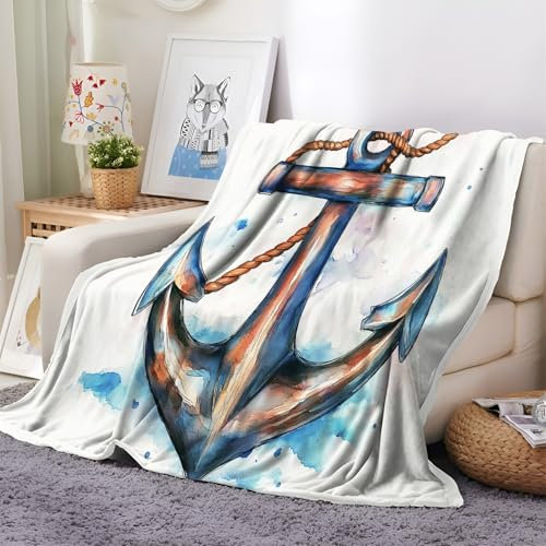 Kuscheldecke 130 x 200 cm Flauschige Personalisierte Decke für Schlafzimmer Aquarell Clipart von Anker mit Seil Super Weiche Flanelldecke Wohndecke Schlafdecke Grau