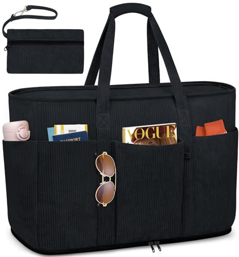 TEUEN Große Handtasche Damen, Cord Strandtasche XXL Familie,Shopper Tote Bag mit Reißverschluss Badetasche Schultertasche Beach Bag für Strand Pool Reisen Fitnessstudio Einkaufen (45L)