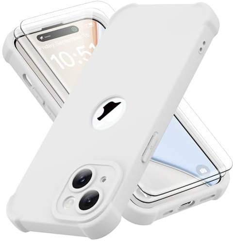 ORETECH for iPhone 15 Plus Case 6.7 inch, with [2 Pack Screen Protector] [Camera Lens Guard] [15FT Military Grade Drop Test] 360° Shockproof Slim Fit Design Rubber Bumper Phone Cover - White