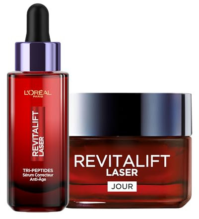 L'Oréal Paris - Routine straffende Anti-Aging-Pflege mit Dreifachwirkung – Tagescreme 50 ml – Korrekturserum 30 ml – Hyaluronsäure, Peptide/Pro-Retinol, Vitamin C – Revitalift Laser X3