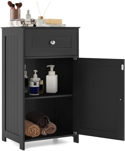 COSTWAY Badezimmerschrank, Badschrank schmal mit Schublade & Tür, Badkommode aus Holz mit verstellbaren Regal, Aufbewahrungsschrank modern für Badezimmer, Wohnzimmer, Küche, 43 x 34 x 77 cm (Schwarz)