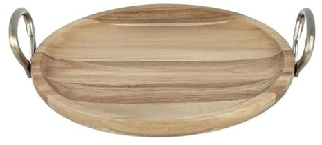 Olympia Acacia Wood Round Dish with Metal Handles, 345x305x80mm | Sturdy metal side handles offer secure carrying, presenting shared mains, sides, or rustic sharing platters with ease.