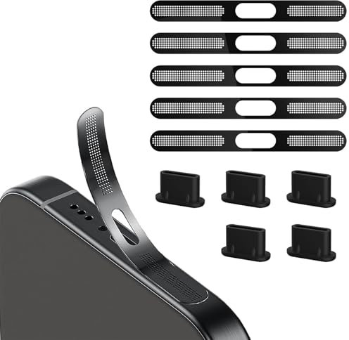 BelleVive 5 Piezas de Tapones Antipolvo USB-C y 5 Piezas de Adhesivos de Malla a Prueba de Polvo, Accesorios para iPhone 16/16 Plus/16 Pro/16 Pro MAX/iPhone 15/15 Pro/Pro MAX/Plus (Negro)