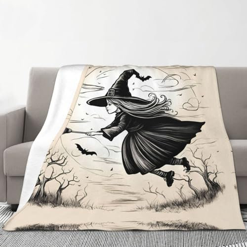 VPPUR Halloween-Decke mit fliegendem Hexen-Druck, Filmabende, gemütliche Winter-Flanelldecke, 178 x 203 cm, warme Decke für Sofa