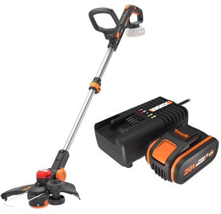Pack WORX Nitro Coupe-Bordures 3 en 1 sans Fil 20V WG173E.9 + Kit Batterie 4Ah, Chargeur Rapide, diam. 33 cm, Moteur brushless, tête pivotante à 90°, Conception à Double Ligne, avance Automatique