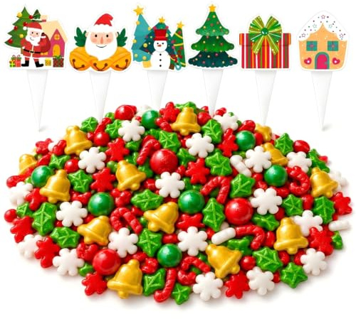 130g Christmas Sprinkles with 6 Paper Cake Toppers, Edible Christmas Sprinkles Mix Sugar Pearls, Christmas Cake Decorations for Cupcakes Cookies Desserts(Xmas Sprinkles)