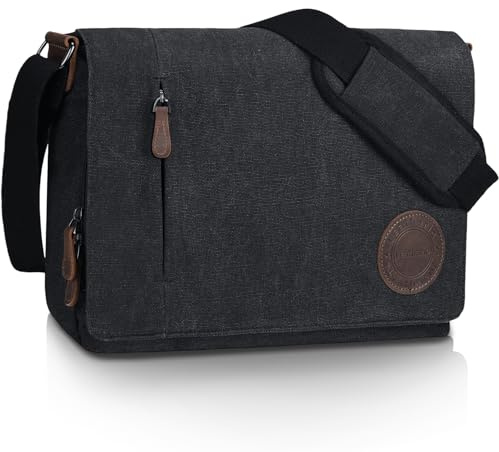 Leathario Umhängetasche Herren 13 Zoll, Messenger Bag aus Echtleder und Canvas, Arbeitstasche Studententasche Laptoptasche Schultertasche Kuriertasche Collegetasche Uni Studenten，Arbeit Schwarz