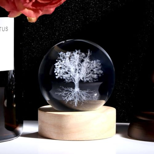 QINJIEJIE Sfera di cristallo 3D con albero della vita con base a LED in legno, lampada in vetro, luci d'atmosfera, ornamenti per camera da letto, decorazione per la casa, sfera di cristallo a tema