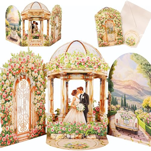 3D-bröllopskort popup, elegant bröllopskort 3D med brudpar, blombåge och bröllopsbil, popup-kort bröllop för pengar-gåva, kupong, gratulationskort för bröllop, förlovning, jubileum