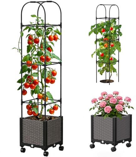 SUNYRISY Hochbeet mit Tomaten Rankhilfe, Blumenkasten mit Rankgitter | Selbstbewässerung Pflanzkasten Pflanzkübel mit Rollenrad Garten Obelisk für Balkon Terrasse Kletterpflanzen
