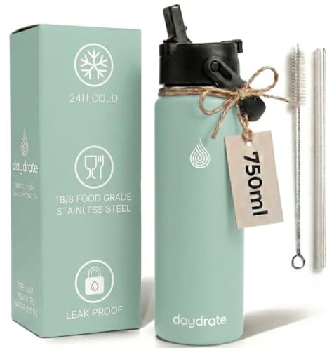 Insulated Metal Water Bottle with Straw 750ml- Stainless Steel Water Bottle, BPA Free, Dual Lid Straw & Spout, Leakproof, 24 Hours Cold & Hot, Work, Travel, Gym Bottle for Men & Women -Green- Daydrate