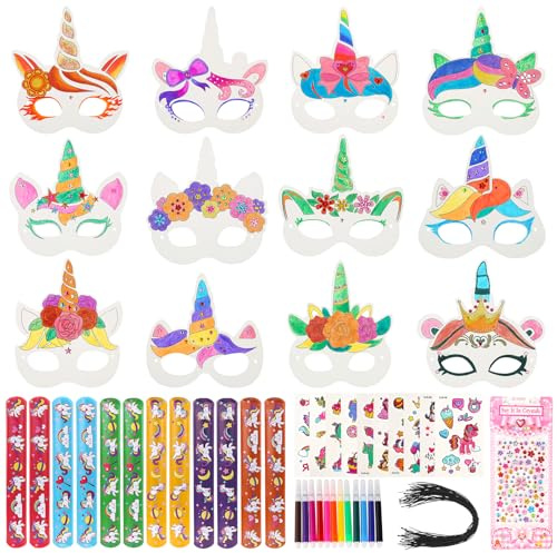 Dewdropdale 36 Stück Einhornmasken Kinder Bastelset, Masken zum Bemalen Kinder, 36 Leere Einhorn Bastelset, Tiermasken zum Bemalen für Halloween Weihnachten Geburtstag Bühnenaufführungen Thema Party