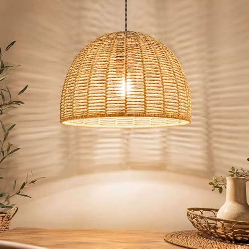 Handmade Woven Rope Lampshade, Jute Rope Ceiling Lampshade 28cm Natural Hemisphere Light Shade with Adjustable Ring, Rustic Ceiling Pendant Shade for Table Lamp or Floor Lamp Bulb Not Included