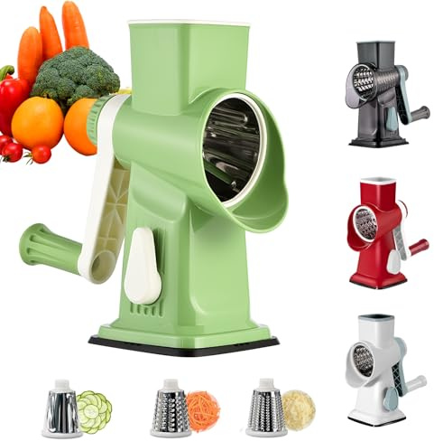 Coupe Legumes Multifonctions, Mandoline Cuisine avec 3 Lames de Tambour Détachables, Mandoline de Cuisine Manuelle pour Oignons, Fromage, Carottes, Noix, Concombre, etc, Forte Aspiration (Vert)